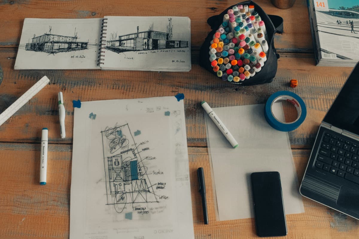 Architect's desk viewed from above with plans, notebook, and markers