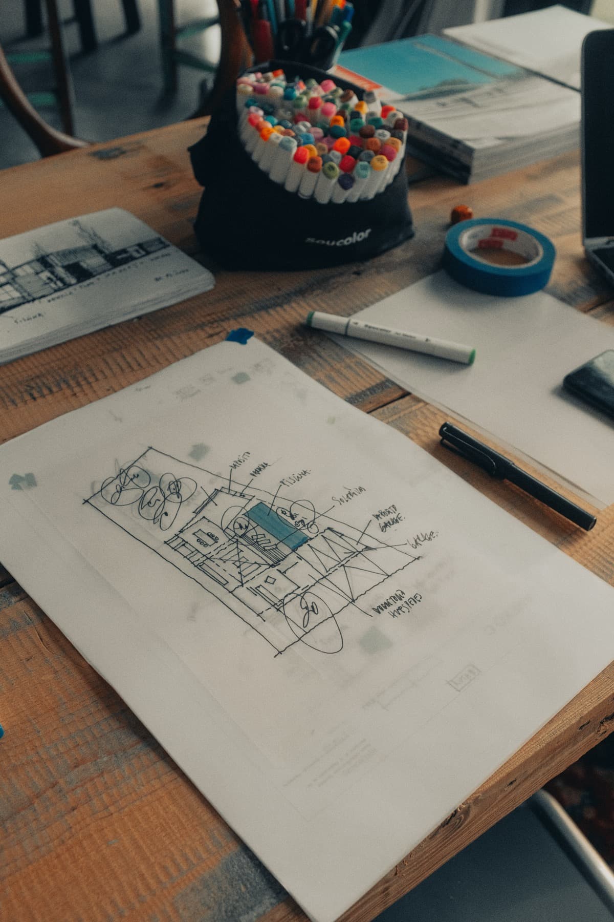 Architect sketching at a desk while reviewing project work